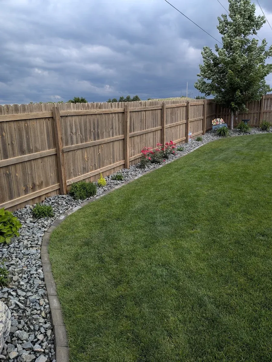 Curved planting bed beside a lawn and fence
