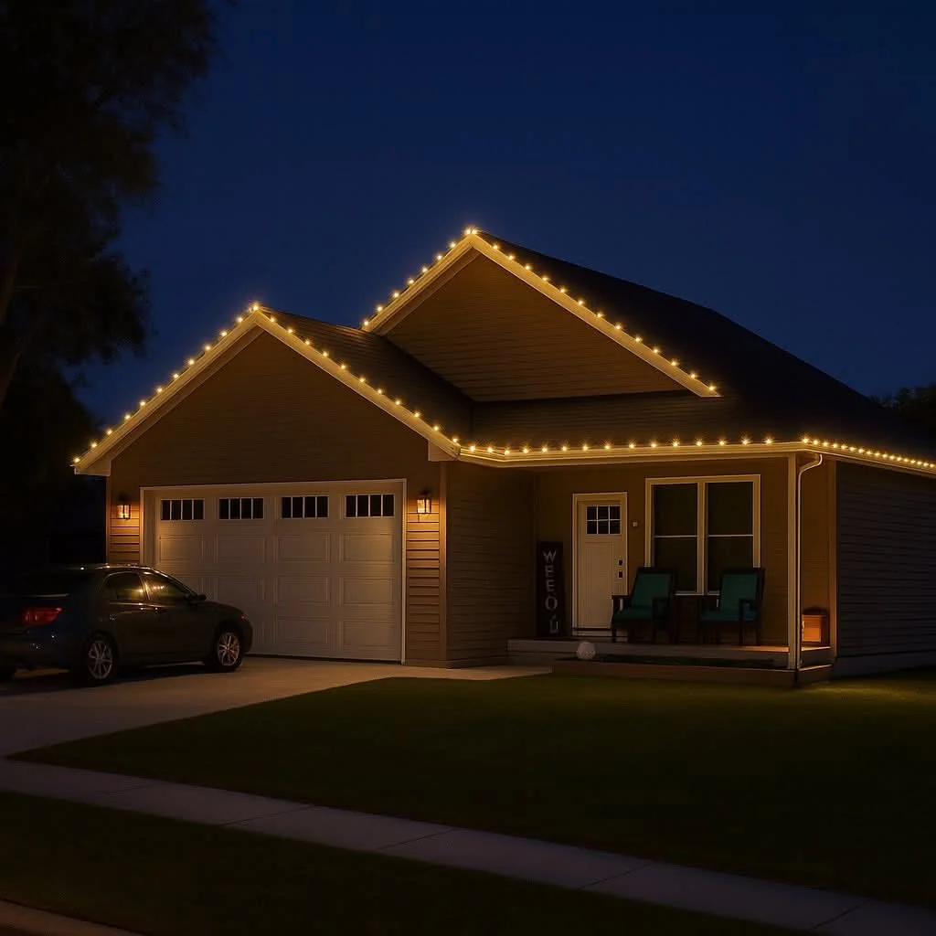 Holiday roofline lights on a home