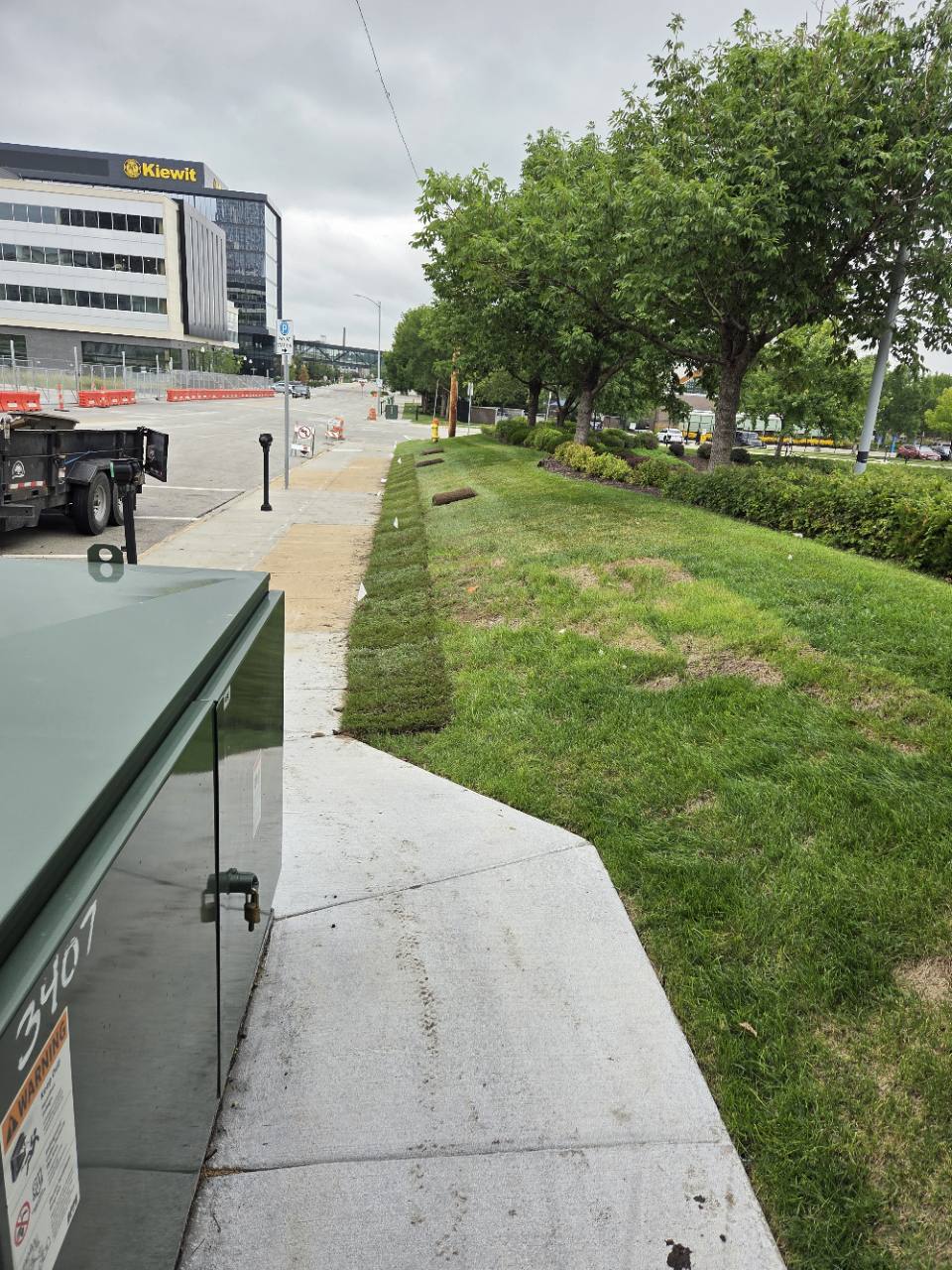 Lawn, trees and planting beds beside a commercial property